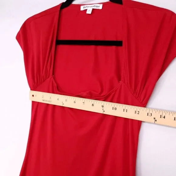 Reformation Harlyn Knit Dress Size Small Midi Leg Slit Cap Sleeve Red Open  Back